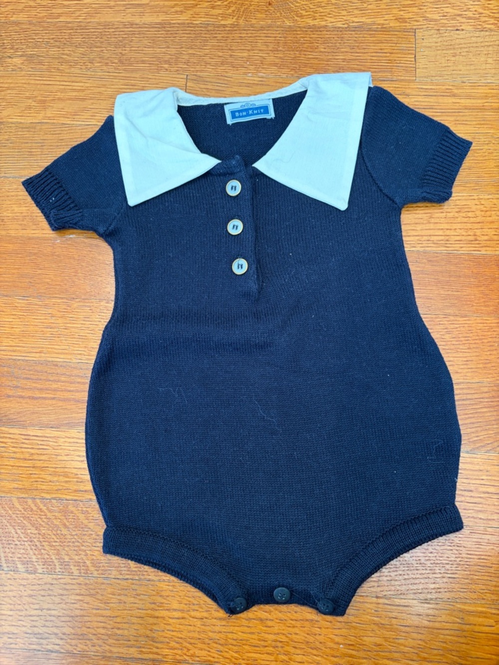 Classic Navy Knit Baby Romper with White Collar